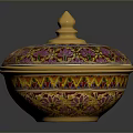 Decorative Floral Patterned Storage Box With Purple Gold Blue Design And Golden Spire Lid