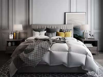 Modern Double Bed Interior With Paneled Wall Plush Pillows Patterned Throw And Framed Artwork 3d model