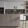Modern Restaurant Kitchen With Open Concept Island Bar Stools Wooden Floors And Wine Cabinets