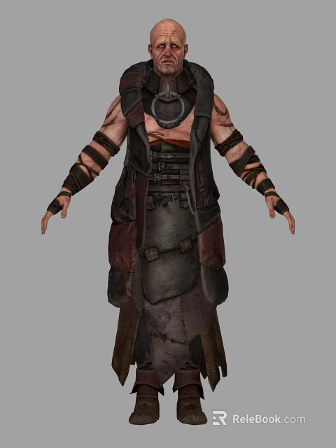 Man In Distressed Leather Armor Long Coat With Arm Straps For Fantasy Medieval Character 3d model 