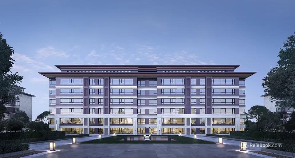 Modern Symmetrical Multi Story Building Exterior With Glass Windows Courtyard And Lighting 3d model 