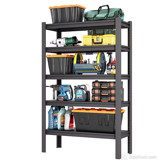 Heavy Duty Metal Storage Shelf with Drill Toolbox Bins and Cleaners for Garage Organization 3d model 