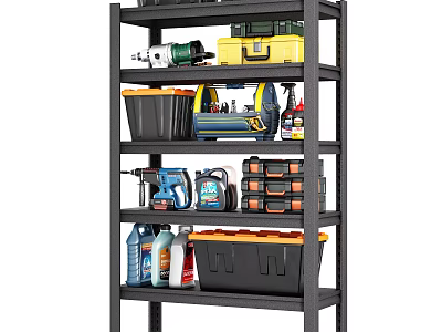 Heavy Duty Metal Storage Shelf with Drill Toolbox Bins and Cleaners for Garage Organization 3d model