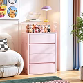 Pink Decorative Cabinet With Drawers Transparent Top And Stuffed Toys In Living Room