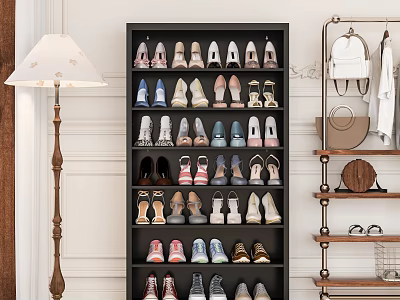 Black Shoe Cabinet With Multiple Shelves Organizing Various Shoes For Home Storage 3d model