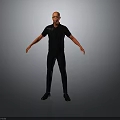 Man Standing In Gray Background Wearing Black Short Sleeved Shirt And Pants With Arms Outstretched
