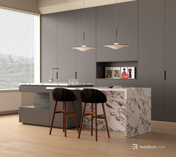 Modern Open Kitchen Dining Set With Marble Island Counter And Black Stools 3d model