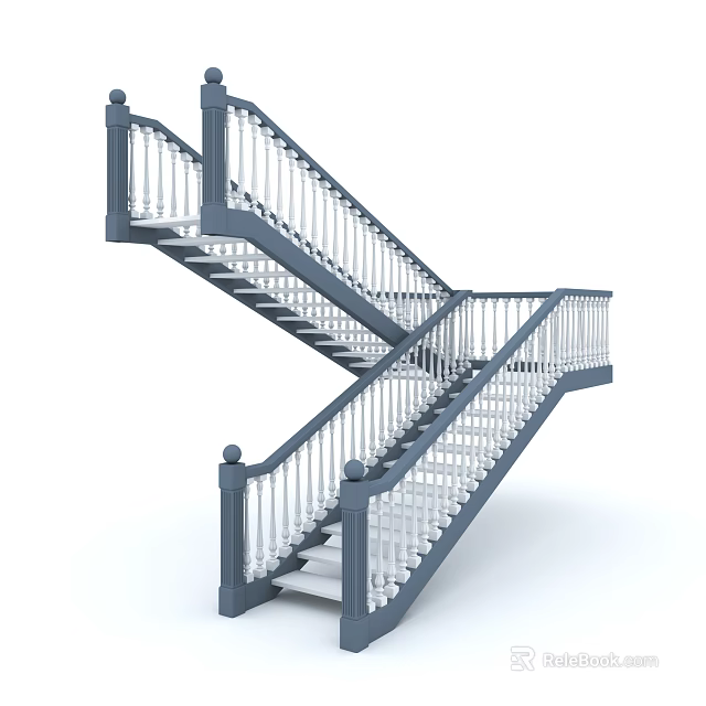 Elegant Modern Double Flight Staircase with Blue Railings and White Balusters 3d model