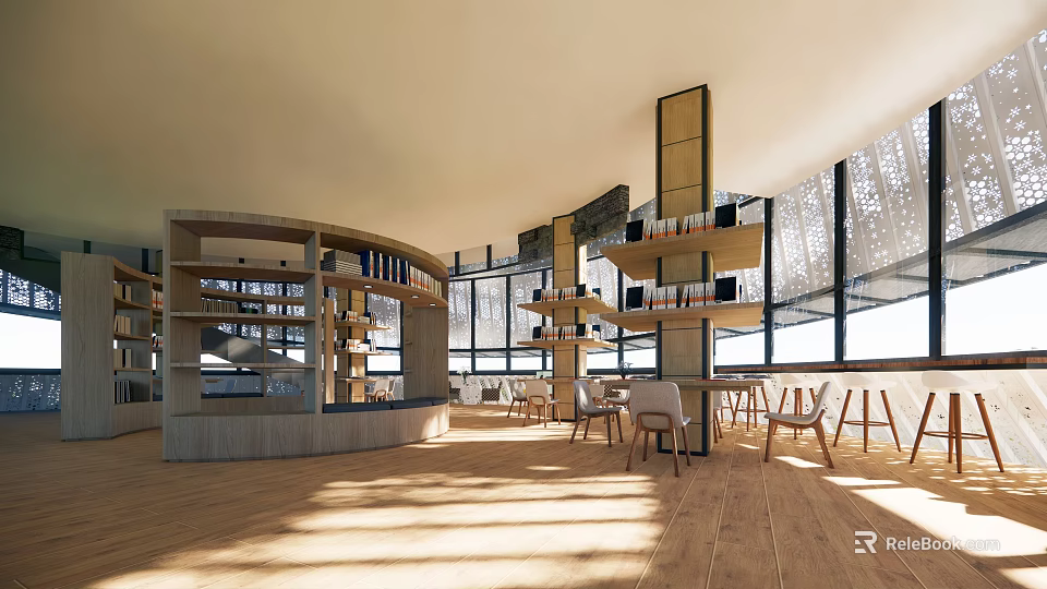 Book Art Inspired Modern Library Interior with Wooden Bookshelves Reading Tables and Large Windows 3d model 