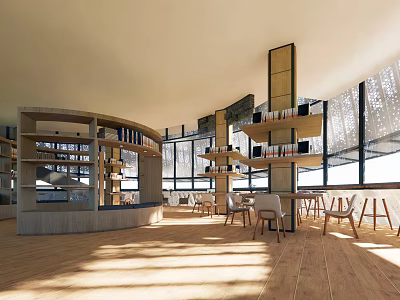 Book Art Inspired Modern Library Interior with Wooden Bookshelves Reading Tables and Large Windows 3d model