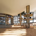 Book Art Inspired Modern Library Interior with Wooden Bookshelves Reading Tables and Large Windows