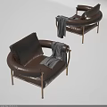 Modern Brown Leather Single Sofa with Metal Legs and Checkered Blanket 3d model