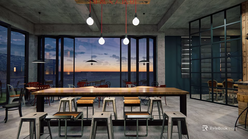 Modern Industrial Café Interior Design With Large Windows Ocean View And Wooden Table High Stools 3d model 