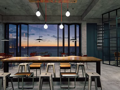 Modern Industrial Café Interior Design With Large Windows Ocean View And Wooden Table High Stools 3d model