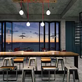 Modern Industrial Café Interior Design With Large Windows Ocean View And Wooden Table High Stools