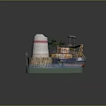 Detailed Miniature Architectural Model With Tower Boat Water Path And Plants