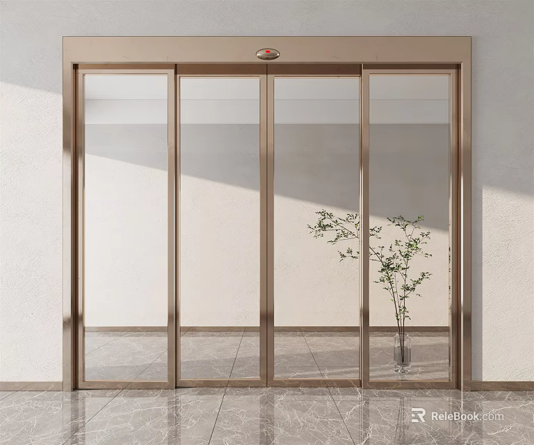 Modern Glass Door With Golden Frame And Potted Plant In Interior Space 3d model 