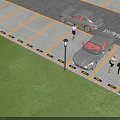 Parking Lot Featuring Luxury Maserati Car Yellow Lines and Pedestrians Walking Around