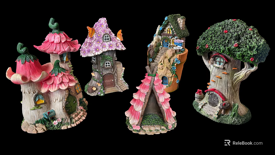 Colorful Decorative Fairy House Figurines With Mushroom Roofs And Flower Accents 3d model 