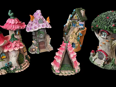 Colorful Decorative Fairy House Figurines With Mushroom Roofs And Flower Accents 3d model