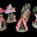 Colorful Decorative Fairy House Figurines With Mushroom Roofs And Flower Accents
