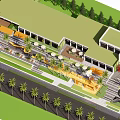 Modern Commercial Landscape Design With Palm Trees Outdoor Seating And Green Walkways