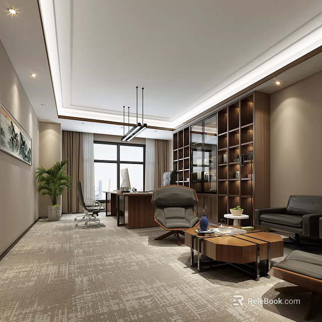 Modern Office Interior With Sunlight Large Window Wooden Bookshelf Leather Sofa Coffee Table And Desk 3d model 
