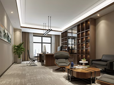 Modern Office Interior With Sunlight Large Window Wooden Bookshelf Leather Sofa Coffee Table And Desk 3d model