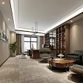 Modern Office Interior With Sunlight Large Window Wooden Bookshelf Leather Sofa Coffee Table And Desk