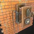 Vintage Old Fashioned Telephone With Classic Dial Mounted On Red Brick Wall