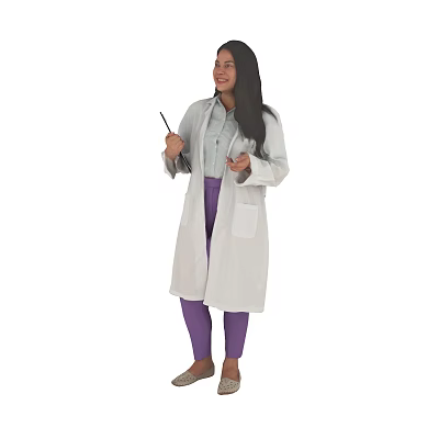 Smiling Woman In White Lab Coat Holding Pen Standing With Purple Pants And Beige Shoes 3d model