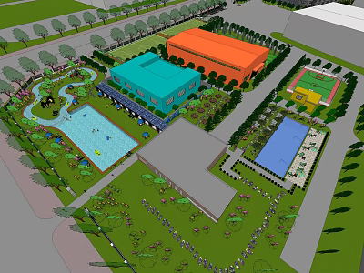 Vibrant Public Park Complex With Colorful Buildings Swimming Pool Green Spaces And Sports Courts 3d model