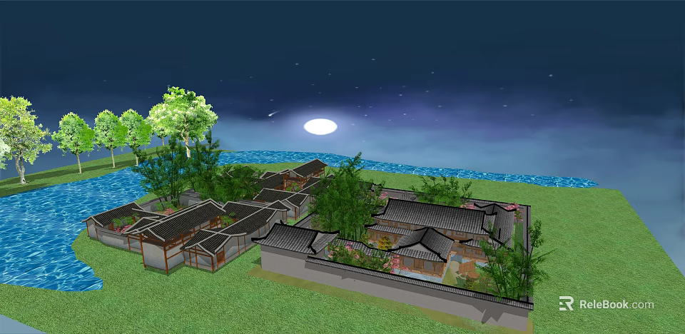 Traditional Ancient Chinese Architecture Courtyard With Trees Moonlit Night And Water View 3d model 