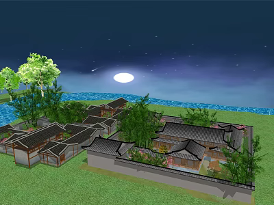 Traditional Ancient Chinese Architecture Courtyard With Trees Moonlit Night And Water View 3d model