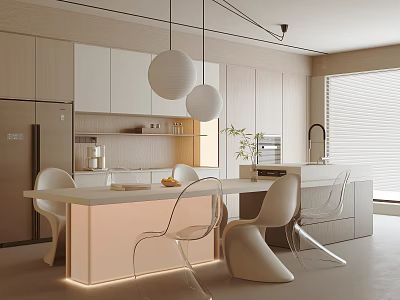 Modern Restaurant Kitchen With Open Light Wood Cabinets White Island Transparent Chairs Spherical Pendant Lights 3d model