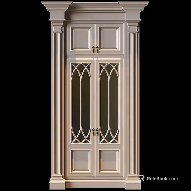 Elegant Classical Light Wooden Dresser With Glass Doors Arched Panel Design And Decorative Columns 3d model 
