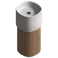 Modern Cylindrical Washbasin With White Top And Wooden Ribbed Base Design