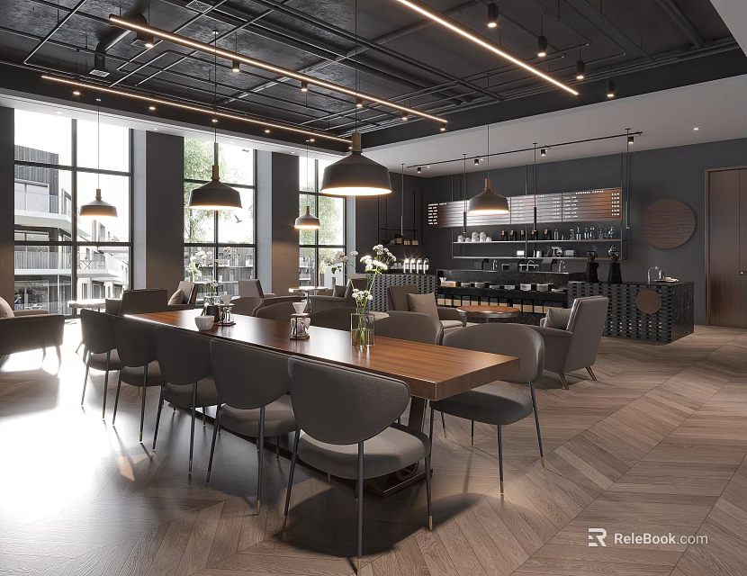Modern Cafe Interior Design With Wooden Tables Gray Chairs And Hanging Pendant Lights 3d model 
