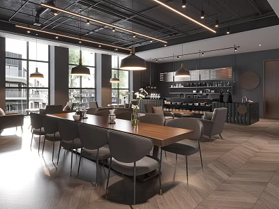 Modern Cafe Interior Design With Wooden Tables Gray Chairs And Hanging Pendant Lights 3d model