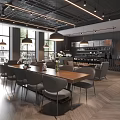 Modern Cafe Interior Design With Wooden Tables Gray Chairs And Hanging Pendant Lights