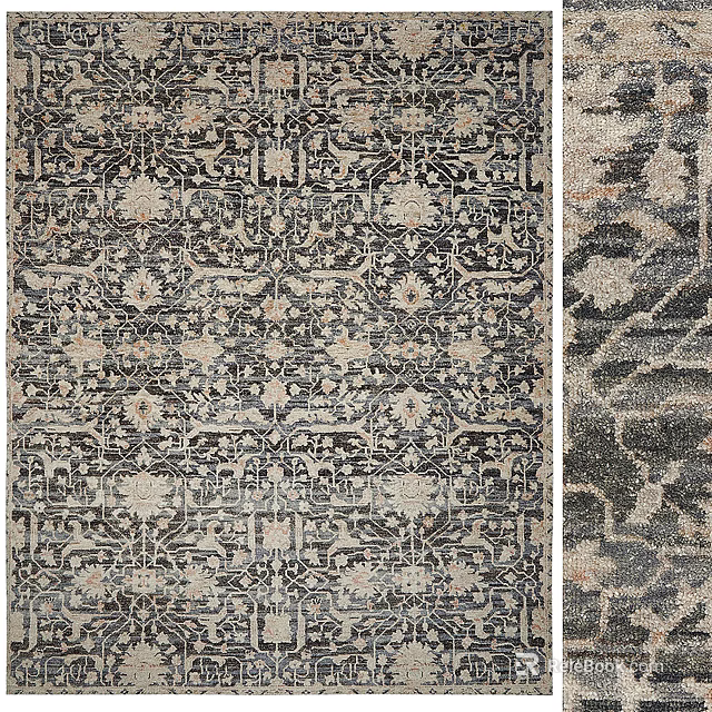 Square Rug With Intricate Traditional Patterns In Beige And Black Tones For Home Decor 3d model 