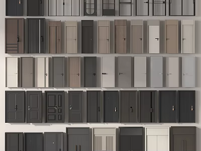 Multiple Interior Hinged Doors With Different Wood Colors And Panel Designs For Home 3d model