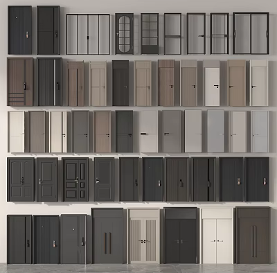 Multiple Interior Hinged Doors With Different Wood Colors And Panel Designs For Home 3d model