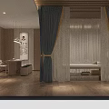 Chinese Tea Room Interior With Wooden Furniture Blue Curtains White Sheer Curtains And Green Plant