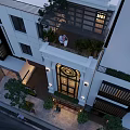 Detached Villa With Arched Glass Window Circular Ornament White Brown Facade And Illuminated Lights