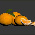 Fresh Whole Oranges With Green Leaves And Peeled Segments On Black Reflective Surface