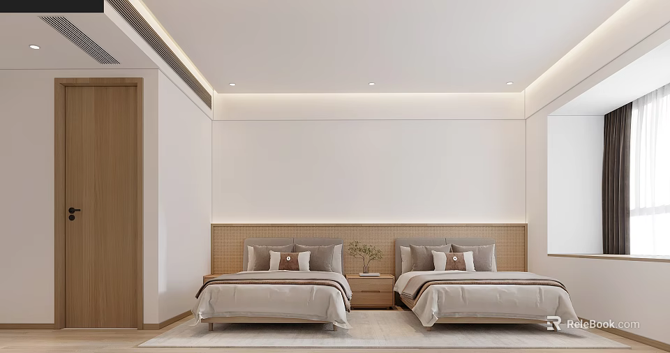 Minimalist Bedroom With Two Beds Wooden Headboard Beige Bedding White Walls And Green Plant 3d model 