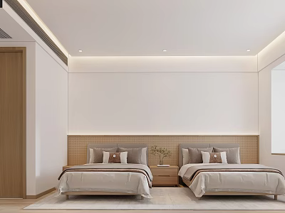 Minimalist Bedroom With Two Beds Wooden Headboard Beige Bedding White Walls And Green Plant 3d model