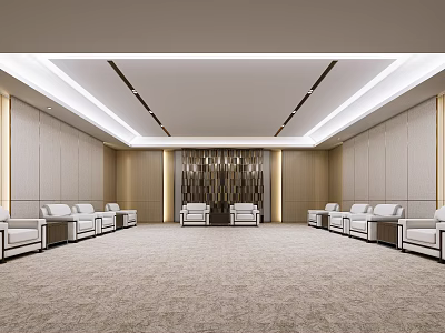 Modern Elegant Hotel Public Lounge Area With Beige Walls White Sofas Carpet And Chandelier 3d model