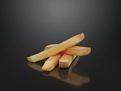 Golden Crispy French Fries Stacked On Black Background With Shiny Texture 3d model